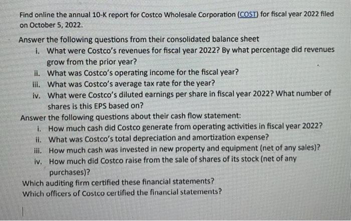Find online the annual 10-K report for Costco | Chegg.com