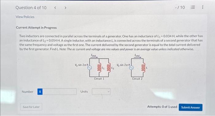 Solved Two Inductors Are Connected In Parallel Across The | Chegg.com