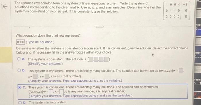 Solved K The reduced row echelon form of a system of linear | Chegg.com