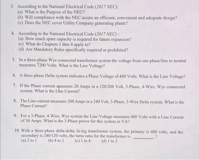 Solved 3. According To The National Electrical Code (2017 | Chegg.com