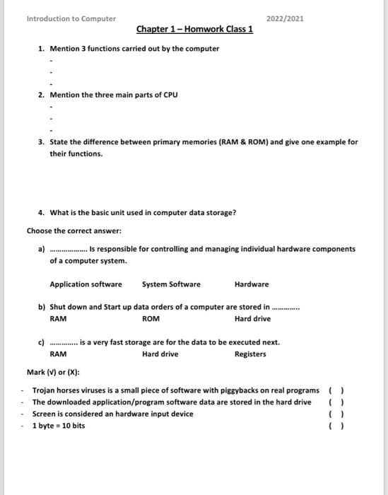 Solved 2022/2021 Introduction to Computer Chapter 1 - | Chegg.com