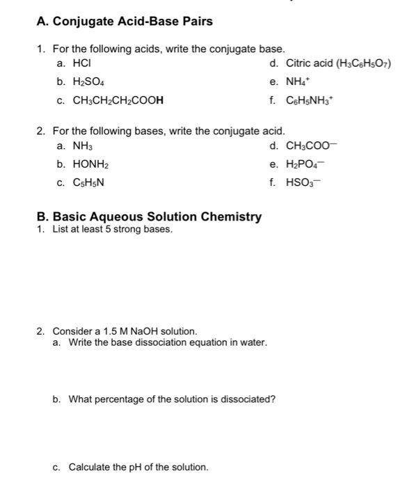 Solved: A. Conjugate Acid-Base Pairs 1. For The Following | Chegg.com