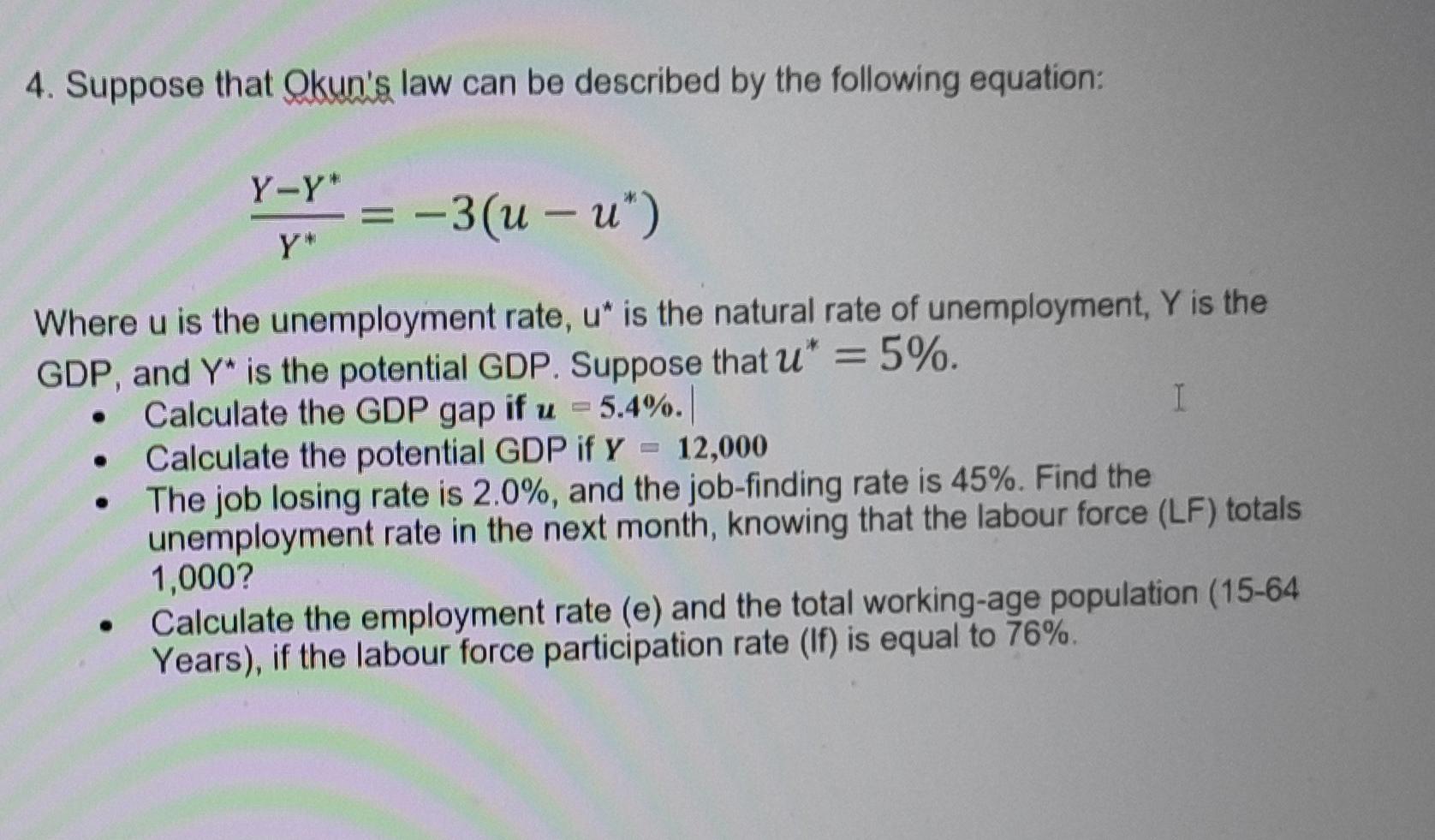 Solved 4. Suppose That Okun's Law Can Be Described By The | Chegg.com