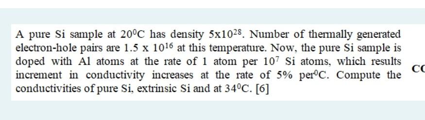 Solved A pure Si sample at 20°C has density 5x1028. Number | Chegg.com