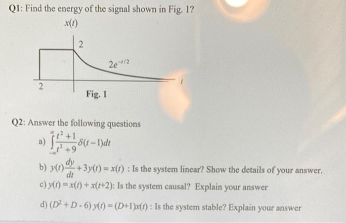 Solved Q1: Find the energy of the signal shown in Fig. 1? | Chegg.com