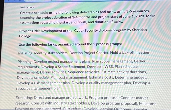 Solved Instructions Create a schedule using the following | Chegg.com