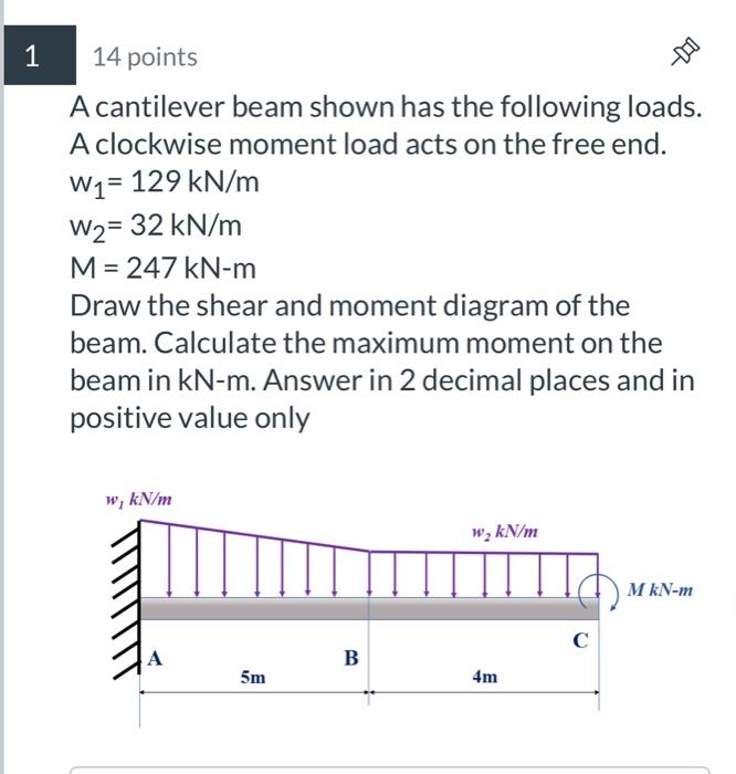 Solved 14 points A cantilever beam shown has the following | Chegg.com