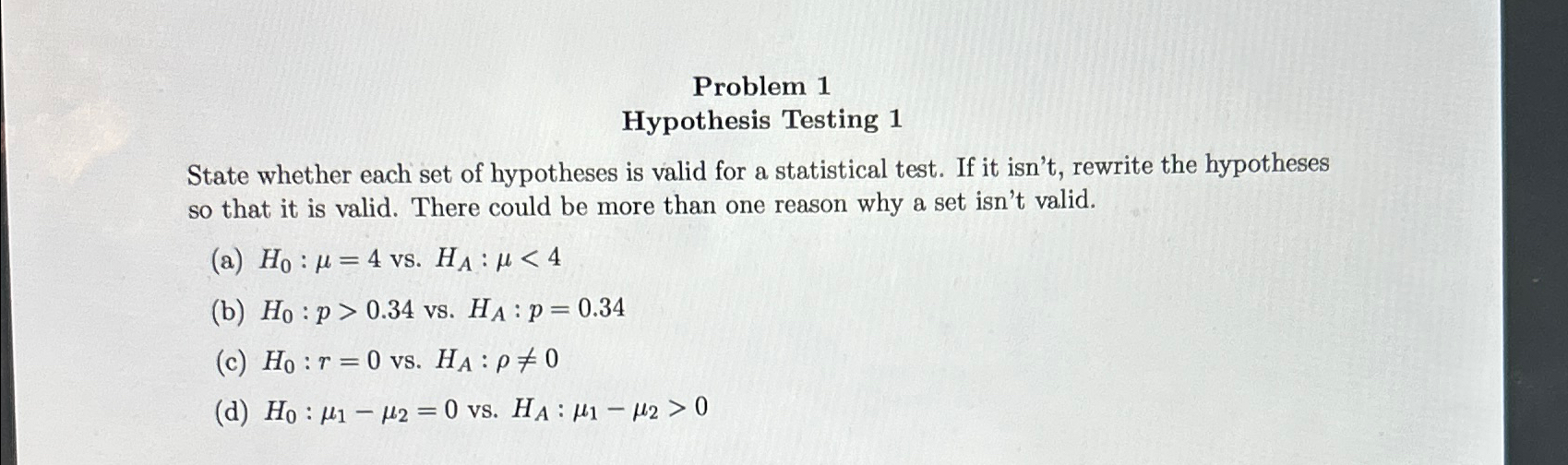 Solved Problem 1Hypothesis Testing 1State whether each set | Chegg.com