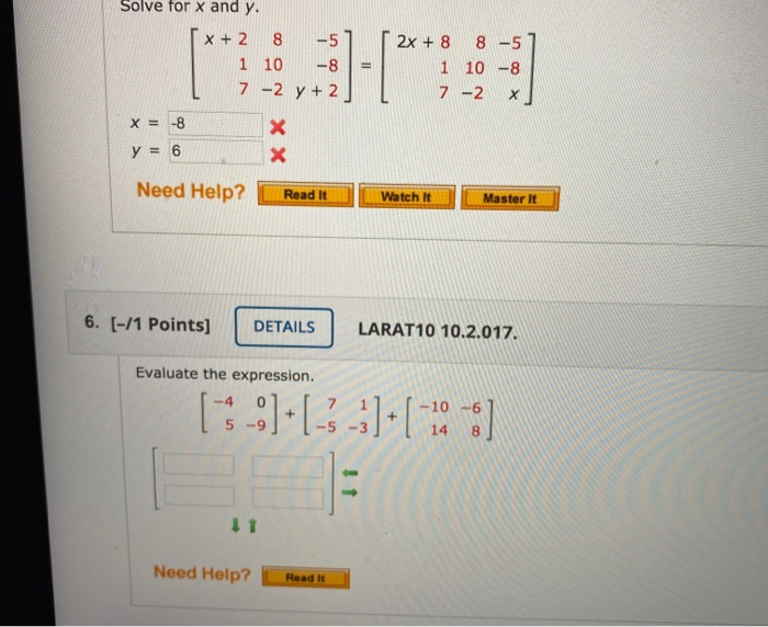 Solve For X And Y X 2 8 5 1 10 8 7 2 Y 2 2x 8 Chegg Com