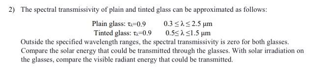 Solved 2) The spectral transmissivity of plain and tinted | Chegg.com