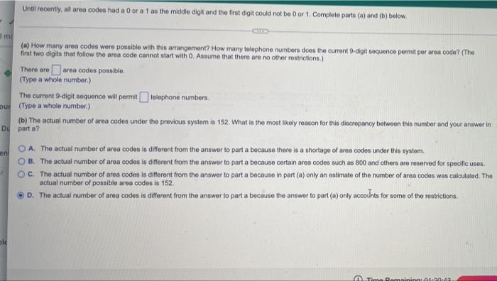 Solved Until recently, at area codes had a 0 or a 1 as the | Chegg.com