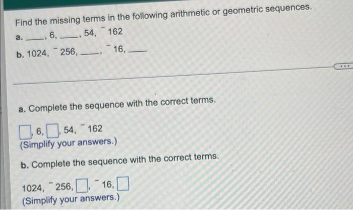 Solved Find the missing terms in the following arithmetic or | Chegg.com