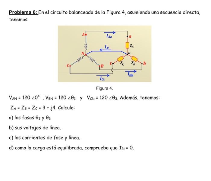 Problema 6: En el circuito balanceado de la Figura 4, asumiendo una secuencia directa, tenemos: Figura 4. \( V_{A N}=120 \ang