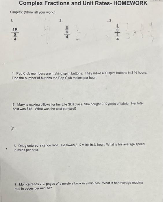 Solved Complex Fractions And Unit Rates HOMEWORK Simplify Chegg
