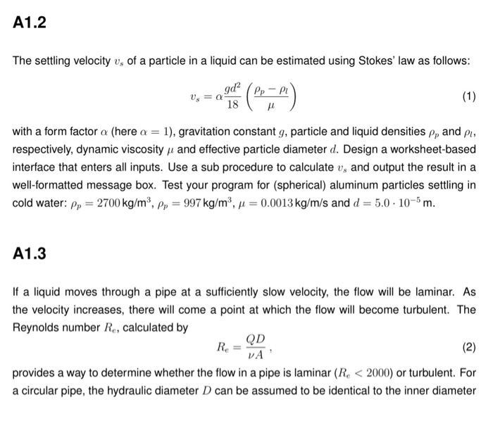 Solved A1 2 The Settling Velocity Vs Of A Particle In A L Chegg Com