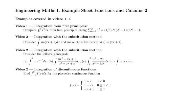Solved Engineering Maths I. Example Sheet Functions and | Chegg.com