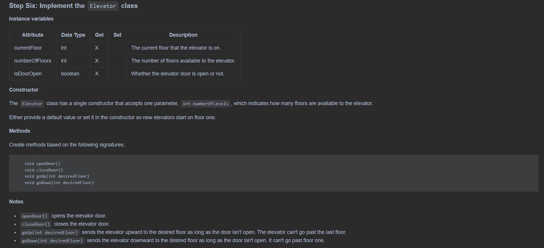Step Six: Implement the Elevator classInstance | Chegg.com