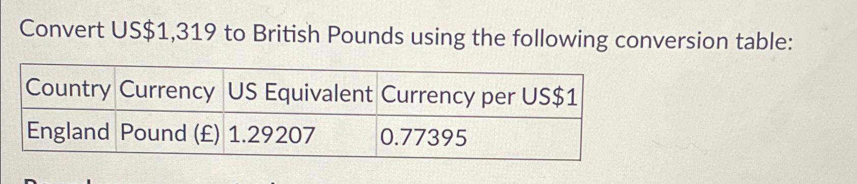 Solved Convert US $1,319 ﻿to British Pounds Using The | Chegg.com