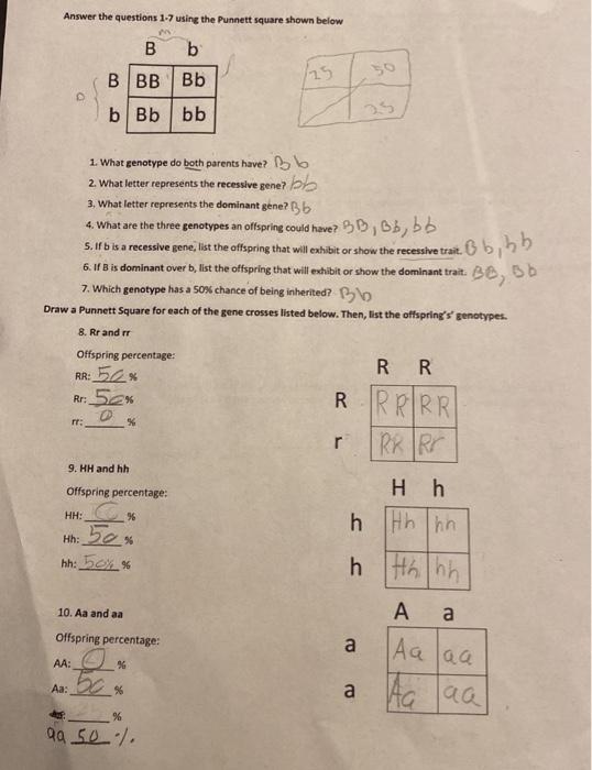 Answer the questions 1-7 using the Punnett square shown below
1. What genotype do both parents have? Do
2. What letter repres