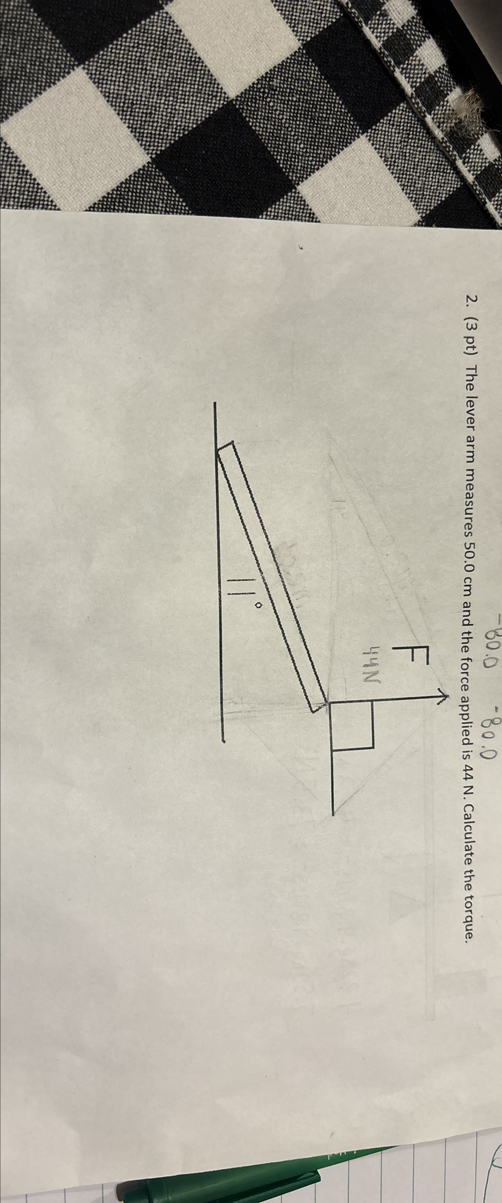 Solved (3 ﻿pt) ﻿The lever arm measures 50.0cm ﻿and the force | Chegg.com