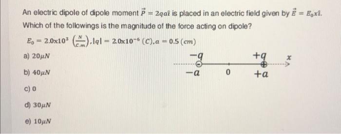 Solved An electric dipole of dipole moment P=2qai^ is placed | Chegg.com