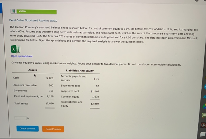 Solved Video Excel Online Structured Activity: WACC The | Chegg.com