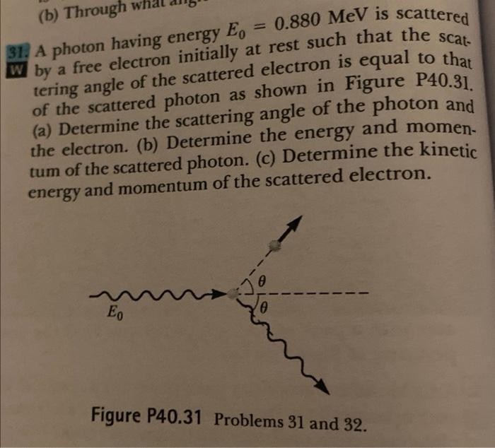 Solved 31. A photon having energy E0=0.880MeV is scattered | Chegg.com