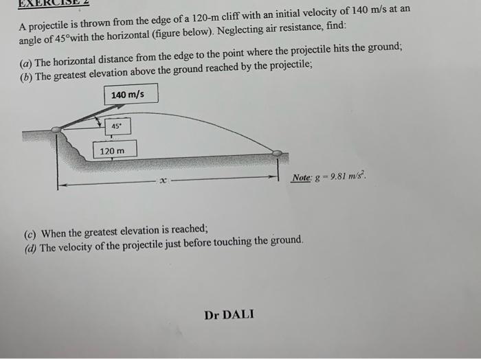 A projectile is thrown from the edge of a \( 120-\mathrm{m} \) cliff with an initial velocity of \( 140 \mathrm{~m} / \mathrm