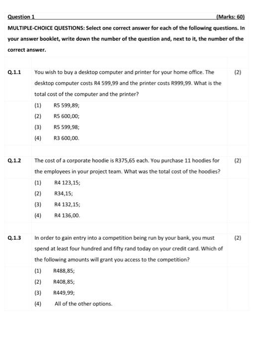 Solved Question 1 (Marks: 60) MULTIPLE-CHOICE QUESTIONS: | Chegg.com