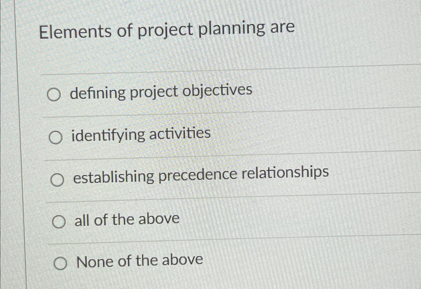 Solved Elements Of Project Planning Aredefining Project Chegg