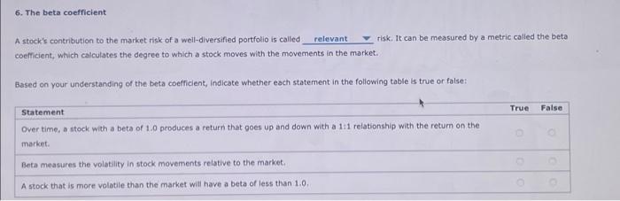Solved 6. The beta coefficient A stock's contribution to the | Chegg.com