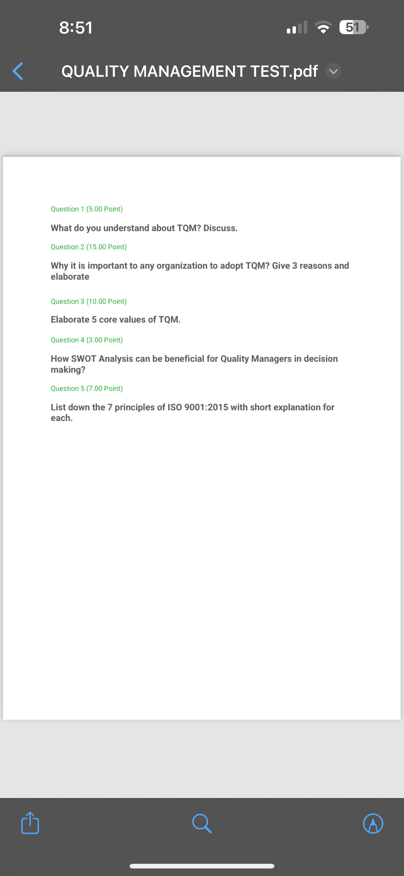 Solved 85151QUALITY MANAGEMENT TEST.pdfQuestion 1 (5.00