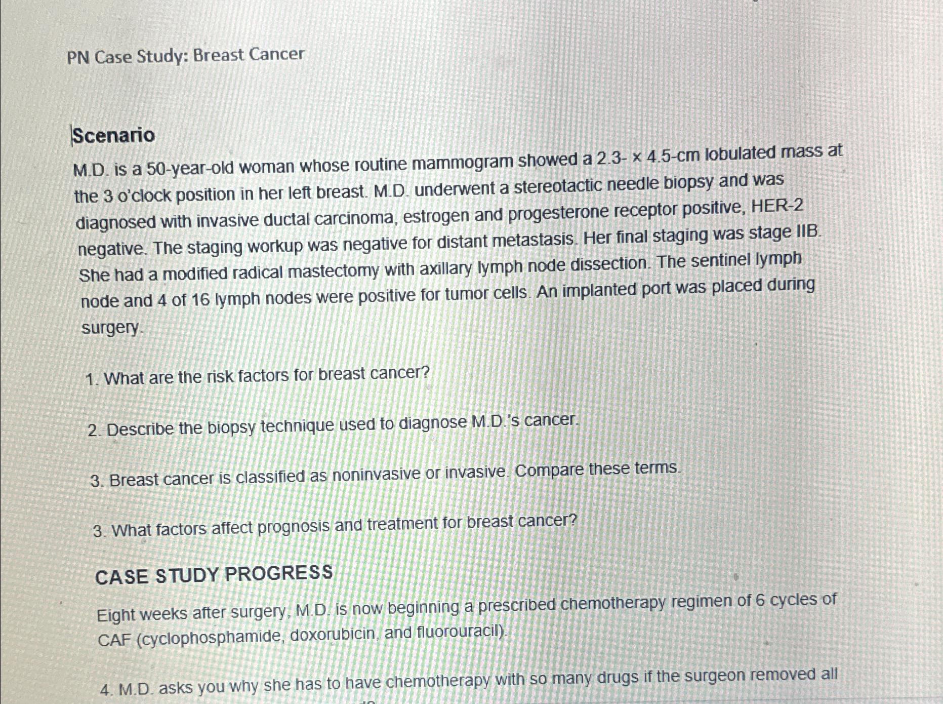Solved PN Case Study: Breast CancerScenarioM.D. ﻿is a | Chegg.com