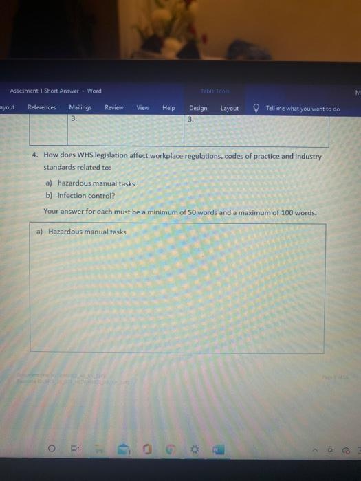 Assesment 1 Short Answer Word Table Tools ayout References Review View Help Mailings 3. Layout Tell me what you want to do De