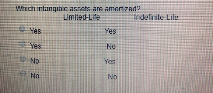 Which Of The Following Intangible Assets Is Not Amortized Solved Which intangible assets are amortized? Limited-Life | Chegg.com