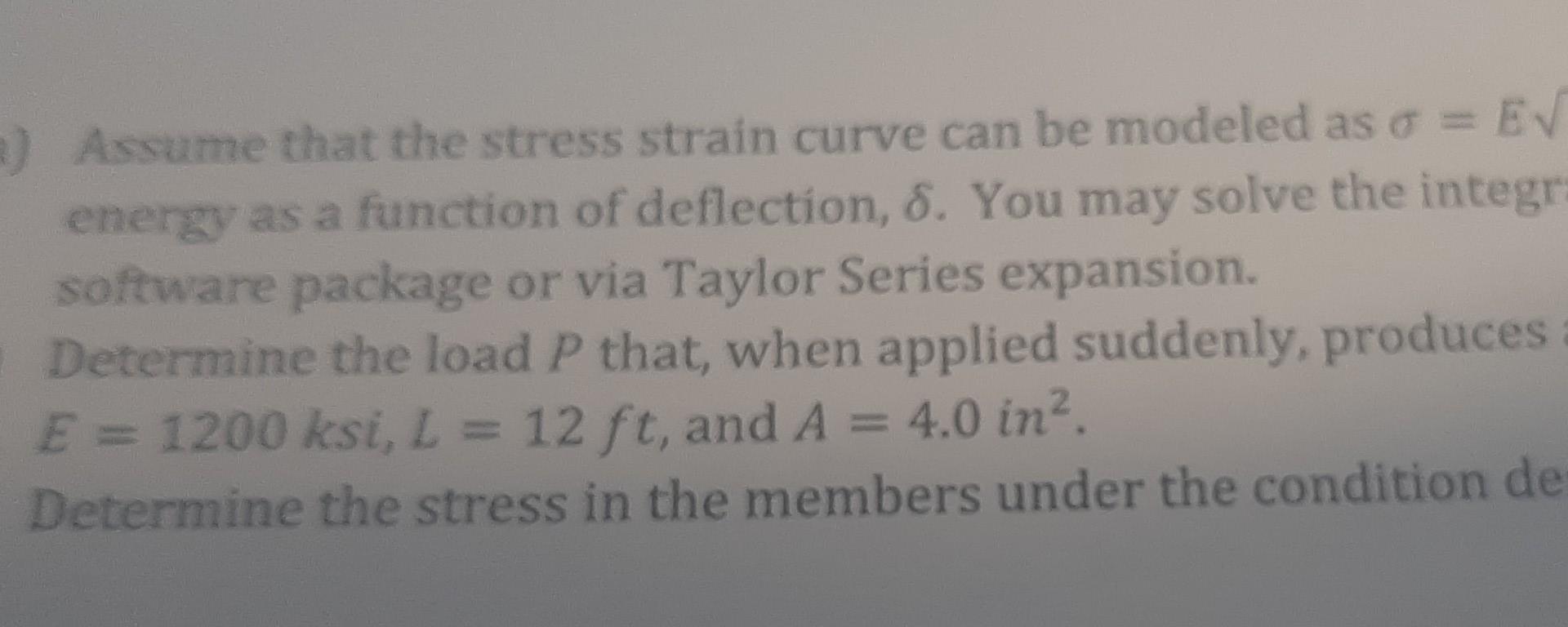 Assume that the stress strain curve can be modeled as \( \sigma=E \sqrt{ } \) energy as a function of deflection, \( \delta \