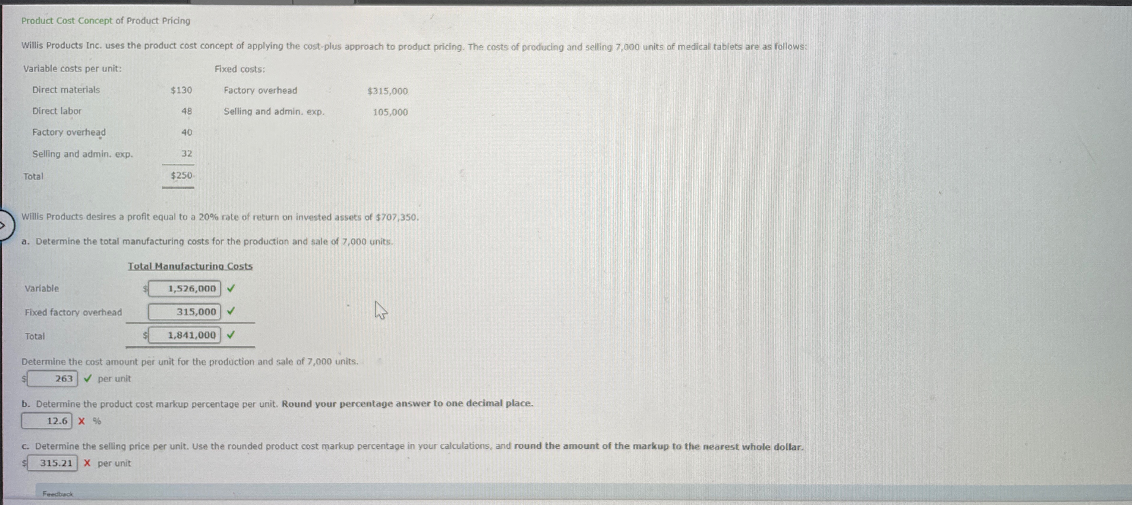 Solved Product Cost Concept of Product PricingWillis | Chegg.com