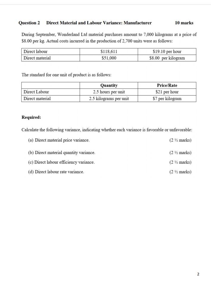 Solved Question 2 Direct Material and Labour Variance: | Chegg.com