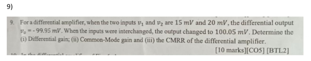 Solved For a differential amplifier, when the two inputs v1 | Chegg.com