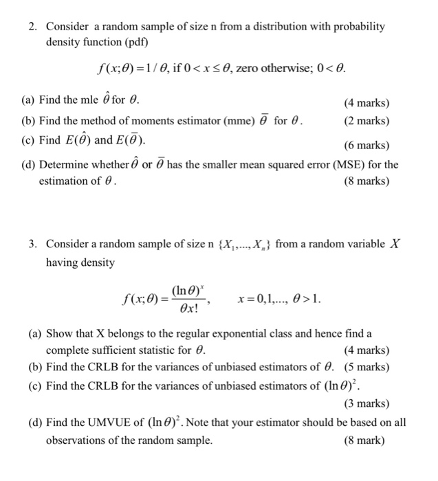 2 Consider A Random Sample Of Size N From A Chegg Com