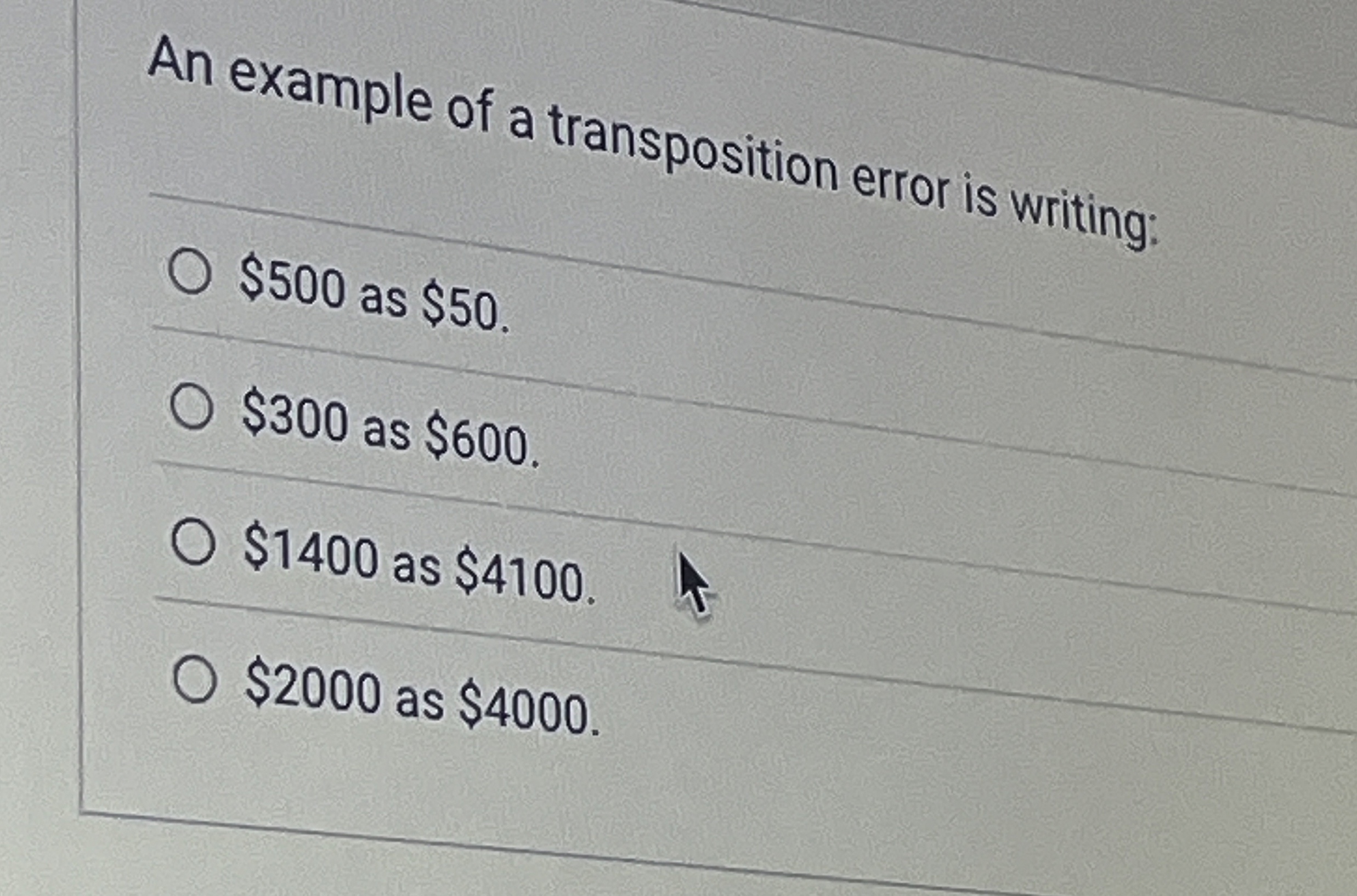 Solved An example of a transposition error is writing:$500 | Chegg.com