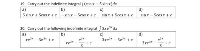 19. Carry out the indefinite integral \( \int(\cos x+5 \sin x) d x \) \begin{tabular}{|l|l|l|l|} \hline a) & b) & c) & d) \\