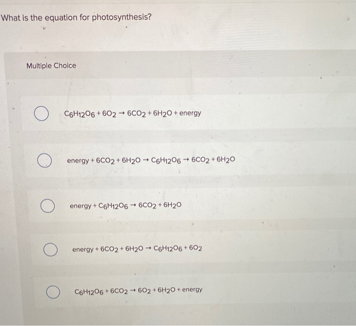 Solved What is the equation for photosynthesis? Multiple | Chegg.com