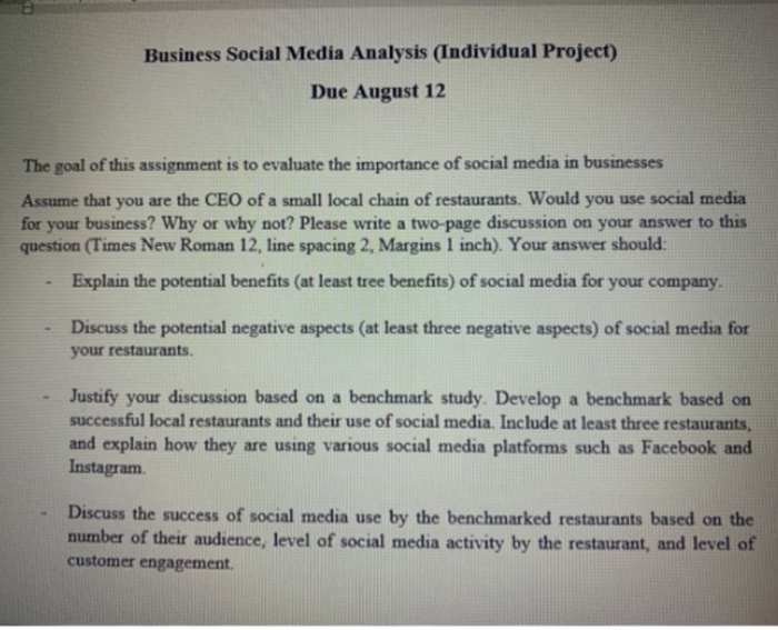 Solved Business Social Media Analysis (Individual Project) | Chegg.com