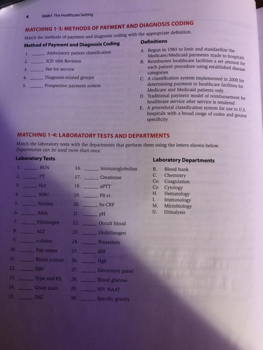 Unit: The Healthcare Setting MATCHING 1-3: METHODS OF PAYMENT AND DIAGNOSIS CODING Match the methods of payment and diagnosis