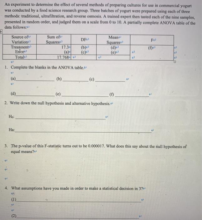 Solved An experiment to determine the effect of several | Chegg.com