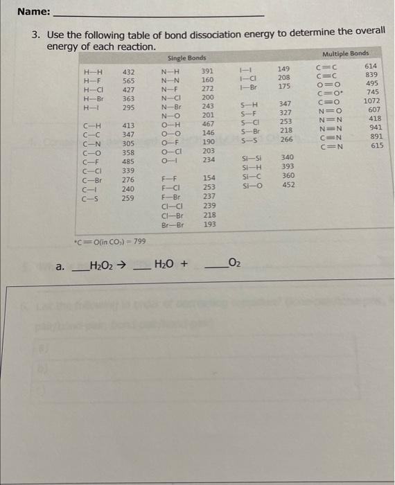 [solved] 3 Use The Following Table Of Bond Dissociation E