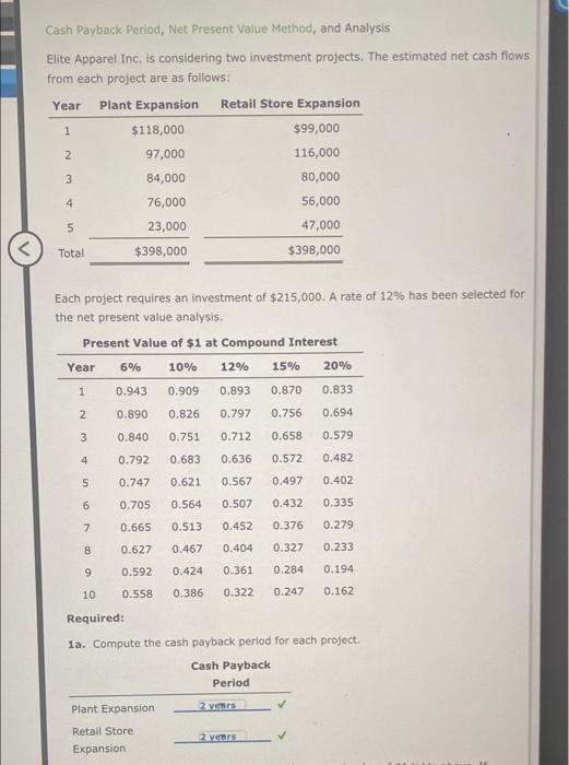 Solved Cash Payback period, Net Present Value Method, and | Chegg.com