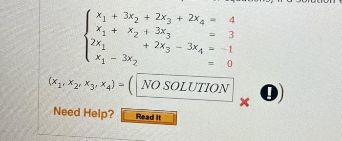 \( \begin{array}{l}\left\{\begin{array}{rr}x_{1}+3 x_{2}+2 x_{3}+2 x_{4}= & 4 \\ x_{1}+x_{2}+3 x_{3} & =3 \\ 2 x_{1}+2 x_{3}-