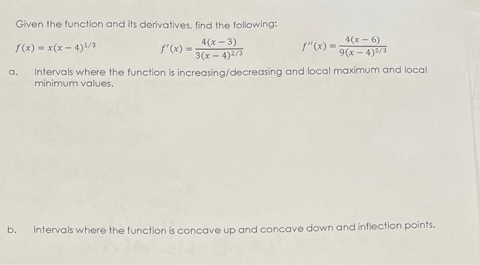 Solved Given the function and its derivatives, find the | Chegg.com